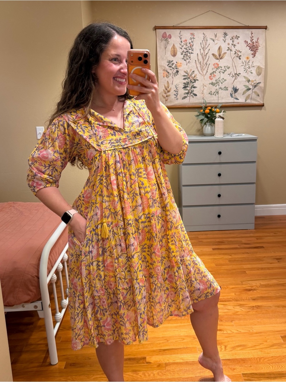 Anthropologie Dolma CottonYellow Floral Smocked Yoke Mini Dress Small NWT